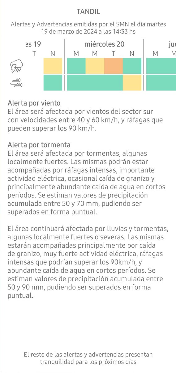 Alerta por tormentas para Tandil y zona, para la noche de hoy martes 19. El área se verá afectada por tormentas de variada intensidad, pudiendo resultar algunas de ellas localmente fuertes, con posible caída de granizo y fuertes ráfagas. Fuente SAT SMN.