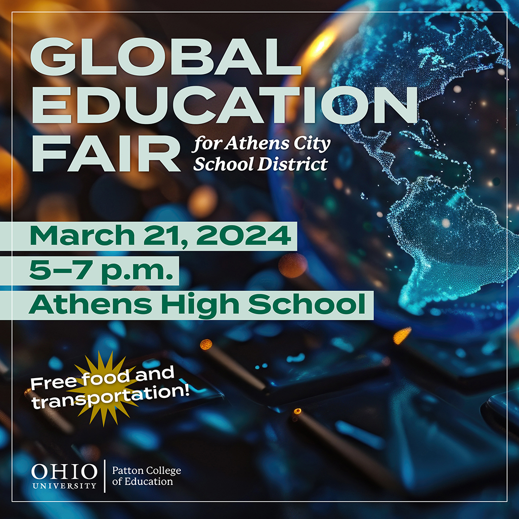 Patton College of Education (@ohiopattoncoe) on Twitter photo The Global Education Fair at Athens City School District (ACSD) will be held Thursday, March 21, from 5-7pm at Athens High School. 25 Teacher Education students will partner with international students from across <a href="/ohiou/">Ohio University</a> to showcase global cultures. The Global Education Fair at Athens City School District (ACSD) will be held Thursday, March 21, from 5-7pm at Athens High School. 25 Teacher Education students will partner with international students from across <a href="/ohiou/">Ohio University</a> to showcase global cultures.