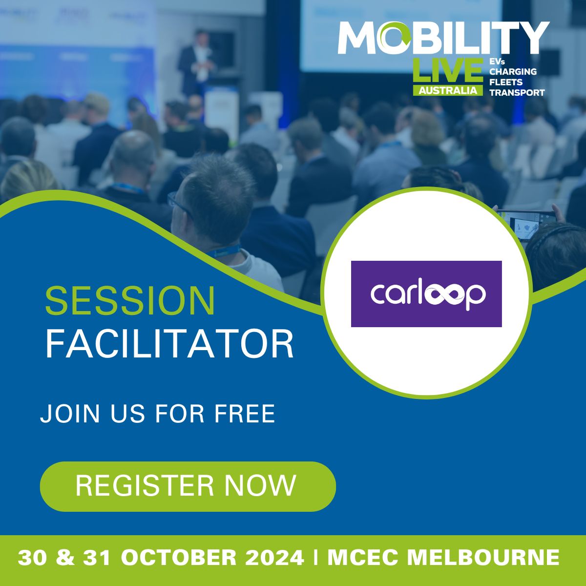 Delighted to welcome Carloop as a Session Facilitator at Mobility LIVE 2024! 

Join us on 30 & 31 October at the Melbourne Convention & Exhibition Centre for engaging discussions and insights into the future of mobility. 

 #Carloop #MobilityLIVE