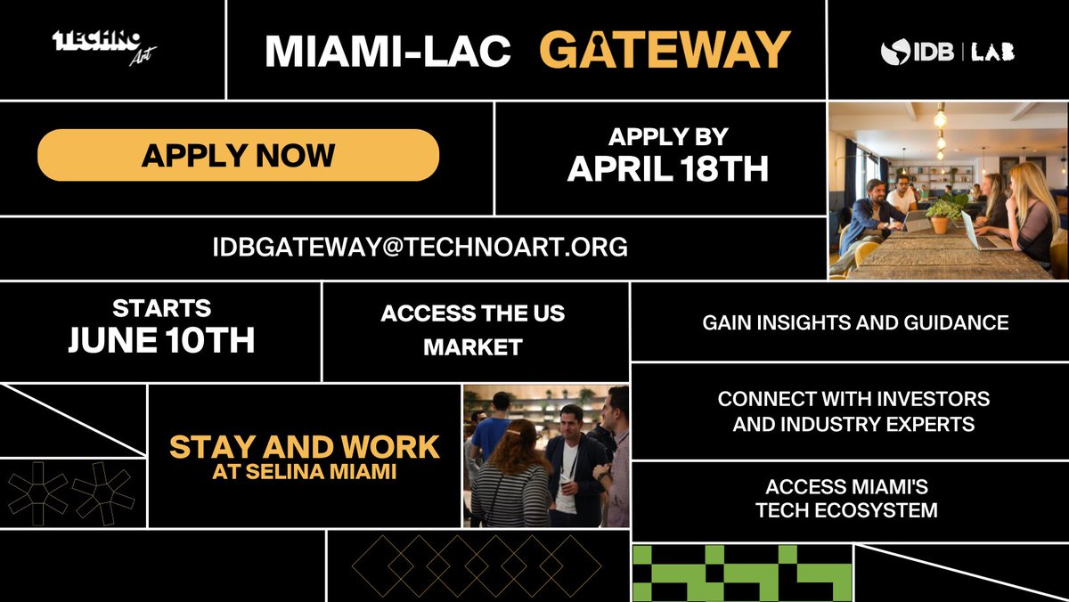 IDB_Lab's tweet photo. @IDB_Lab and #TechnoArt announce the "Miami LAC Gateway" program to build bridges between #LatinAmerica, the #Caribbean and the US market. Discover the gateway to innovation and global business:  https://t.co/GTCgQMuXjV https://t.co/yaFmcOalnY