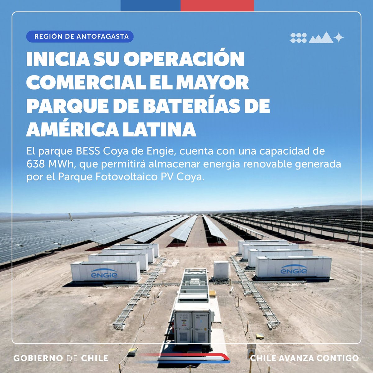 Hoy se alcanza un gran hito para las energías limpias en nuestro país. ⚡️🇨🇱 El inicio de operaciones del parque BESS Coya de @ENGIEChile permitirá suministrar energía limpia equivalente al consumo de 100 mil hogares, evitando emitir 65.642 toneladas de CO2 al año.