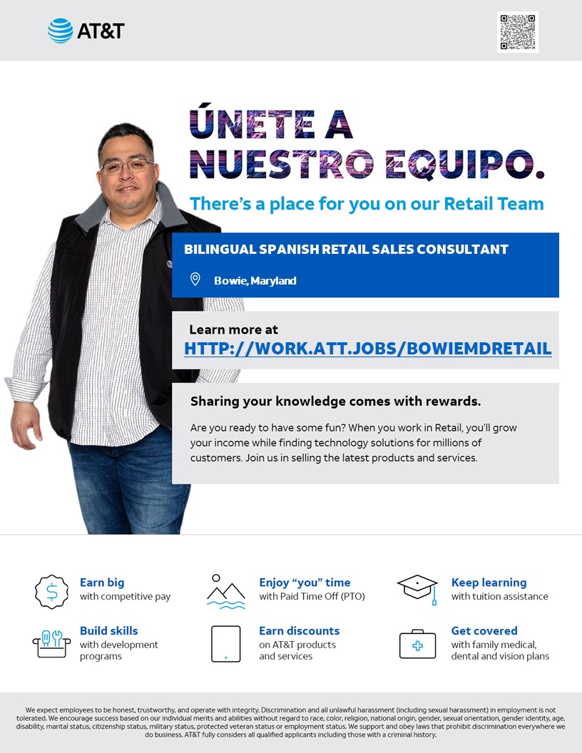 Do you speak Spanish and English? If you do, we’re looking for you! AT&amp;T's Retail Careers come with awesome perks and may include additional starting pay if you are bilingual. 
Click👉work.att.jobs/BowieMDRetail 👈
#LifeAtATT #Retail #Sales