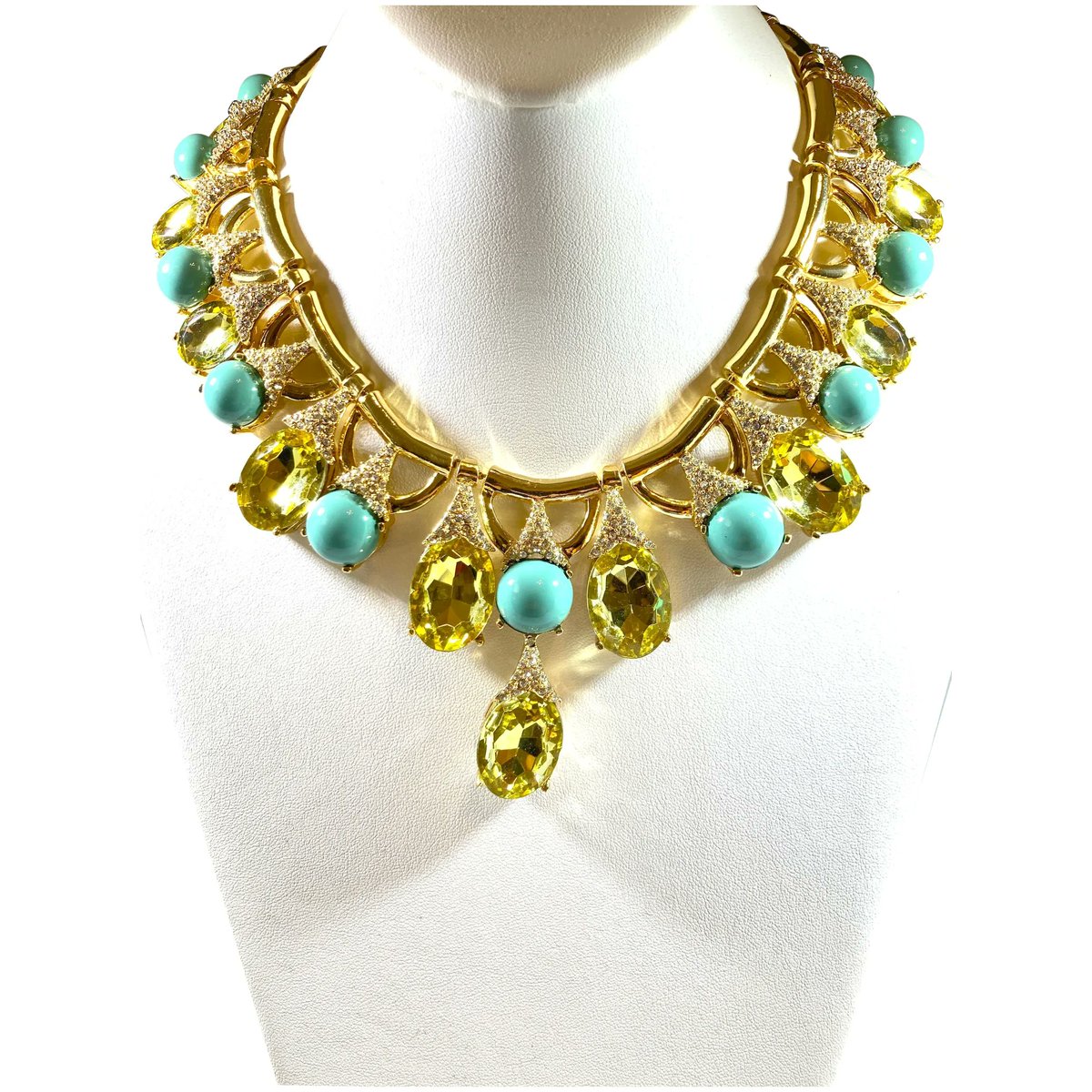 Arnold Scaasi Bold Runway Lemon Yellow Blue Rhinestone Drop Links Bib Statement Necklace #rubylane #vintage #retro #statement #bib #RedCarpetWorthy #gala #necklace #jewelry #vintagejewelry #hautecouture #designer #jewelryaddict #vintagebeginshere rubylane.com/item/136230-E1…