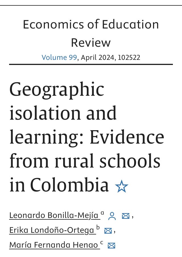 In Colombia, students in rural schools perform worse on exams, &amp; it’s partly explained by teacher characteristics. “Monetary incentives to teachers in difficult access areas fails to attenuate the isolation effect.”

sciencedirect.com/science/articl…

Research from Bonilla-Mejía and others