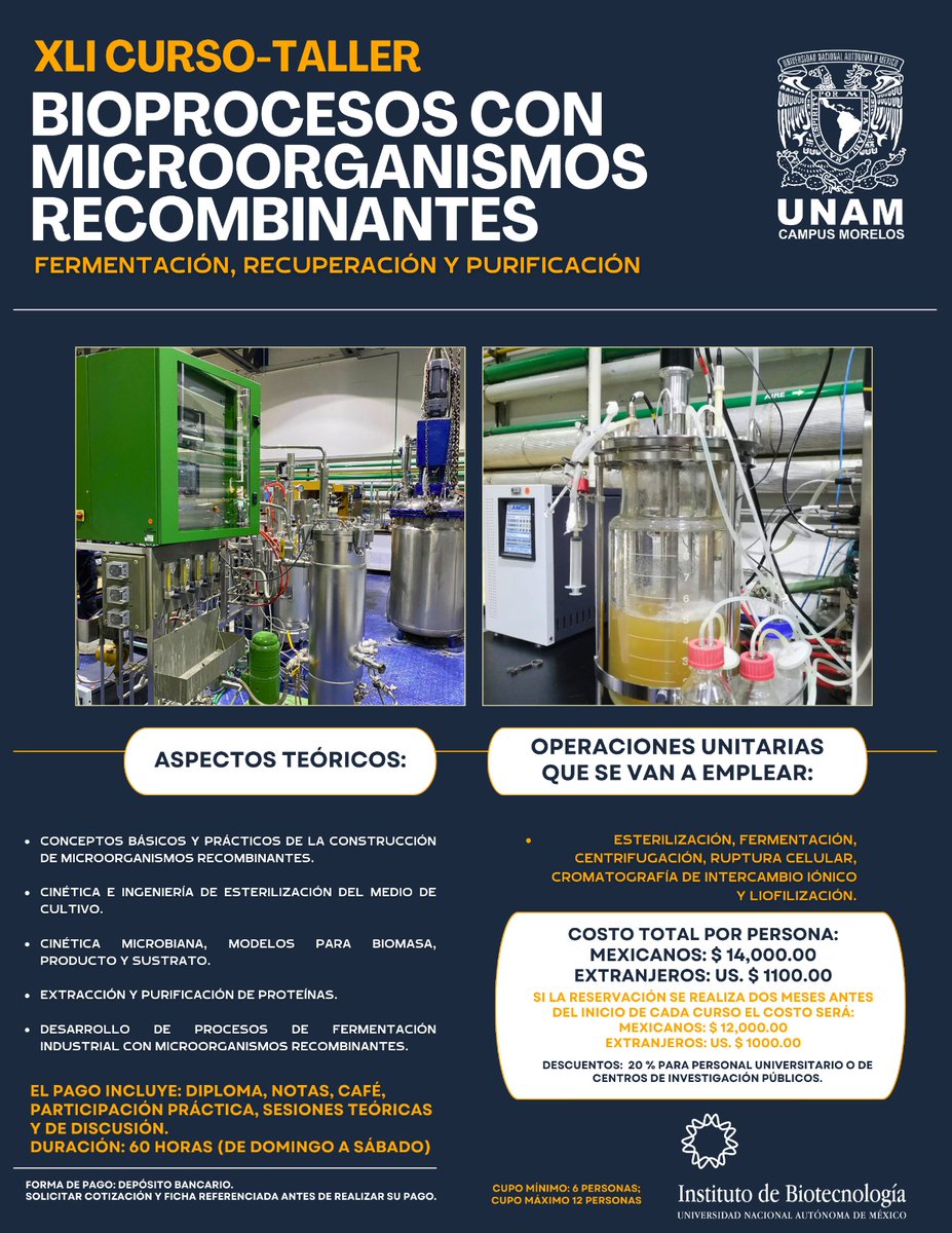 ibt_unam's tweet photo. Participa en el Curso taller "Bioprocesos con microorganismos recombinantes. Fermentación, recuperación y purificación" del 26 de mayo al 2 de junio

Informes a los correos leobardo.serrano@ibt.unam.mx o veronica.albiter@ibt.unam.mx 

Unidad de Escalamiento y Planta Piloto IBT https://t.co/TMIqhjDNnn