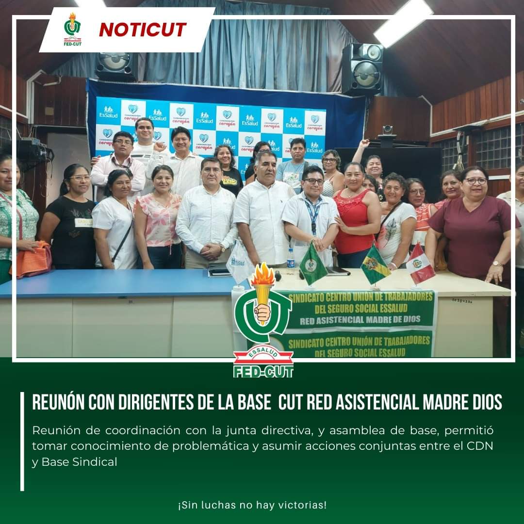 FedCut's tweet photo. 📰 #NOTICUT | Nuestro Sec. de Defensa, cc. Ángel Dionicio visitó la Base CUT de la Red Asistencial Madre de Dios, con quienes sostuvo reuniones con el objetivo de analizar y canalizar la problemática de la red a fin asumir acciones conjuntas con el CDN.
#fedcut #essalud https://t.co/maDLOLOs3n