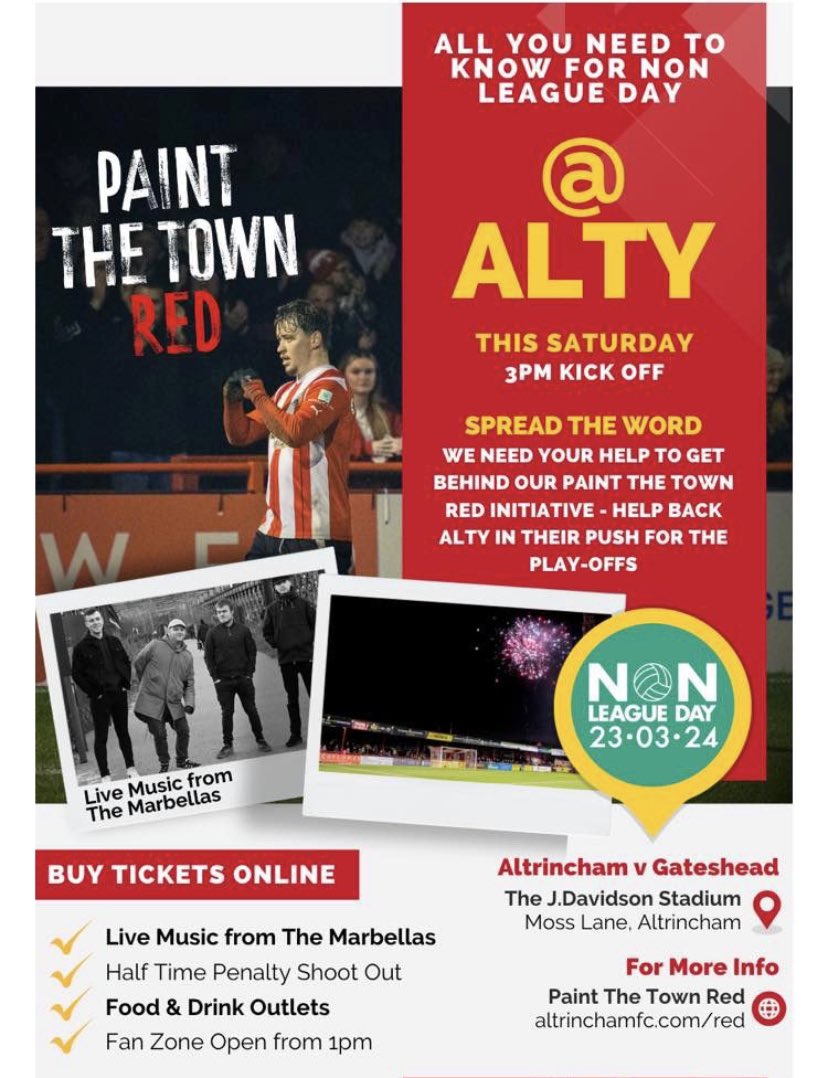 This Saturday @altrinchamfc take on @GatesheadFC at the J.DAVIDSON stadium. Come and find us in the fan zone from 1pm ish before the game doing a little acoustic set and performing our new single! - It’s @nonleaguedayuk too so perfect excuse for a day out. See you there!
