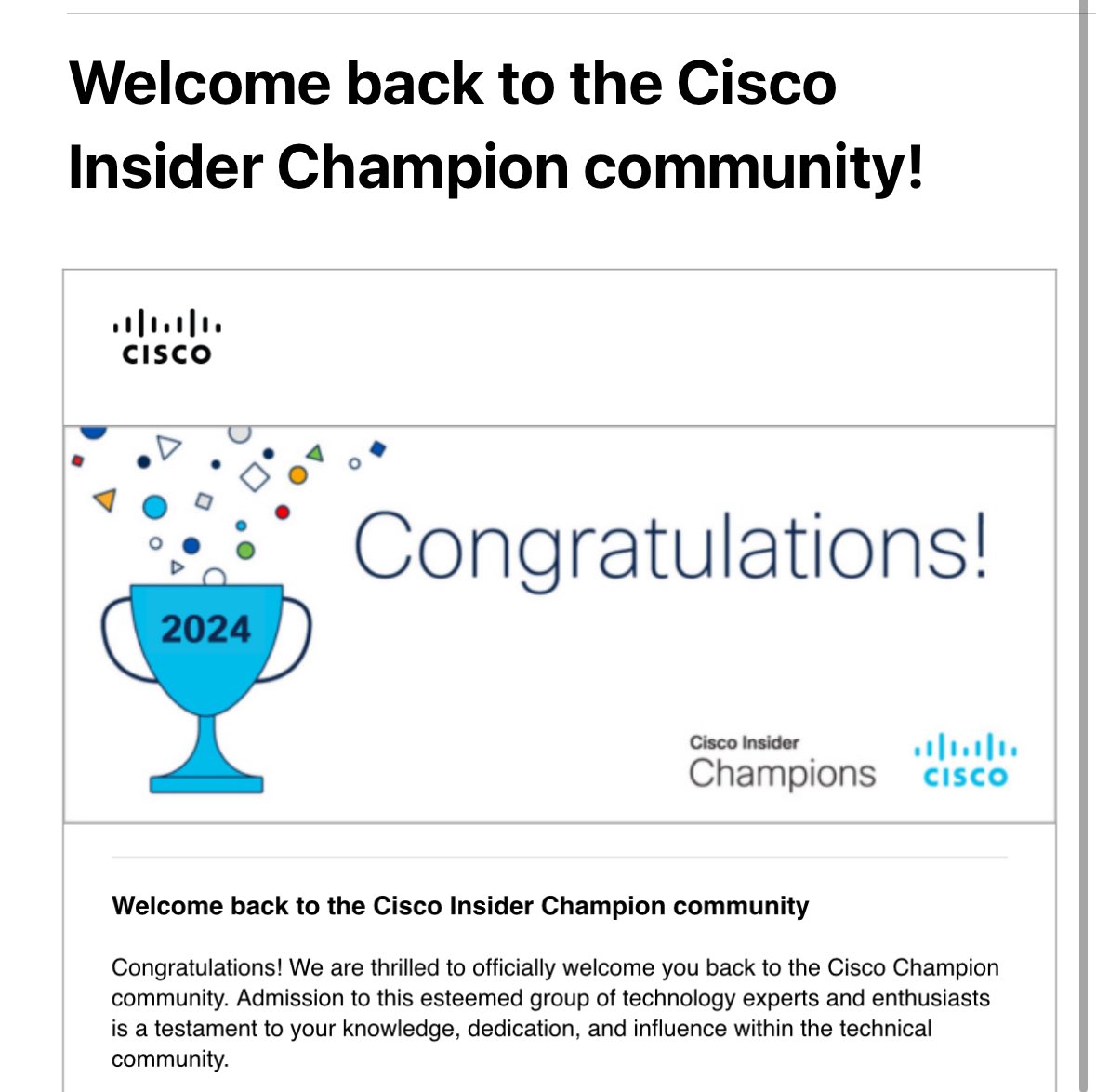 AlhamdAllah, I am selected as #CiscoChampion 2024 for the 8th year in a row..