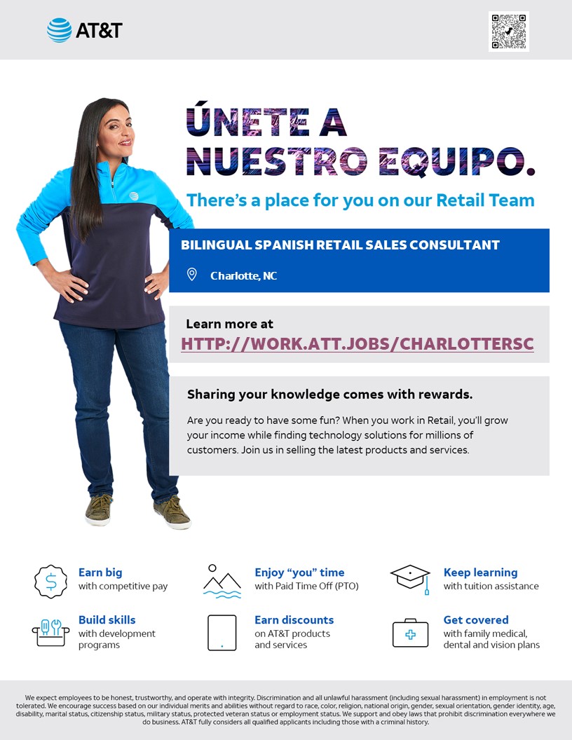 Do you speak Spanish and English? If you do, we’re looking for you! AT&amp;T's Retail Careers come with awesome perks and may include additional starting pay if you are bilingual. 
Click 👉work.att.jobs/CharlotteRSC
#JoinOurTeam #SalesCareer #ATT #ApplyNow