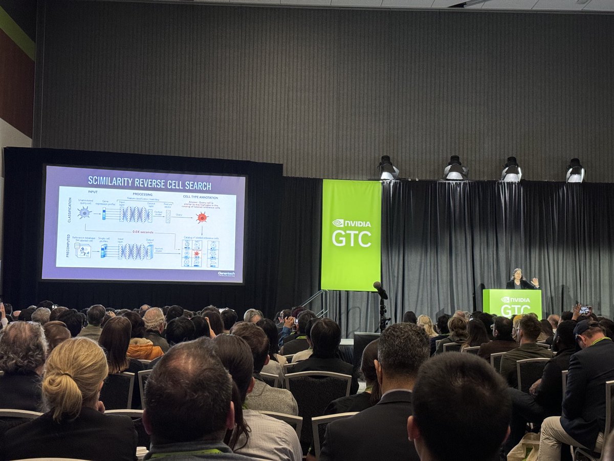 RecursionChris's tweet photo. Great talk by ⁦@genentech⁩’s Aviv Regev. Was disappointed not to see more biopharma folks at #GTC2024, but not surprised at all Aviv is here and speaking to standing room only! https://t.co/mUKf5amj2r