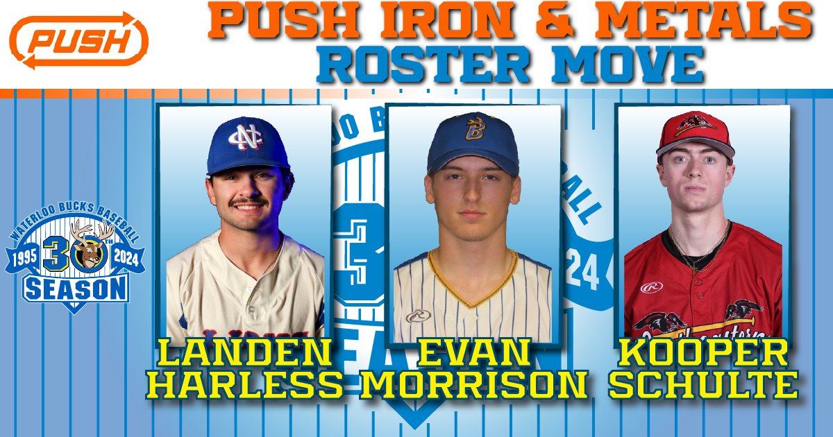 With this week's @PushIronMetals Roster Move of the 2024 season, the Waterloo Bucks announce the signing of pitcher Landen Harless, two-way player Evan Morrison, and infielder Kooper Schulte. Welcome to the Bucks, guys! Read the full release at: bit.ly/43pJnTK.