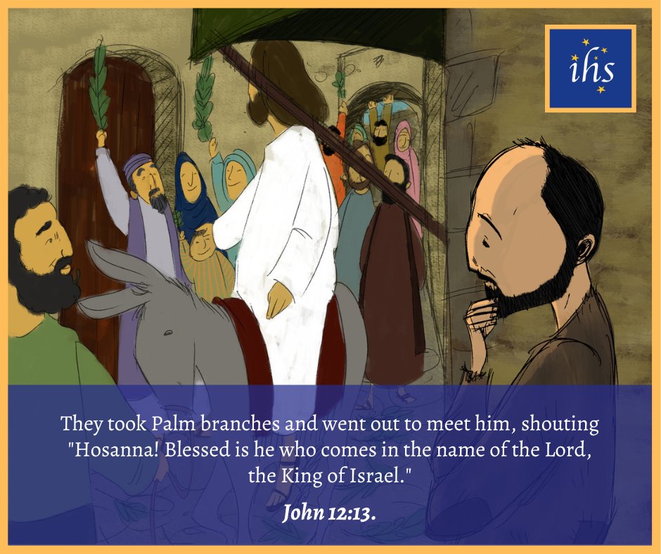 ✝️🌿 They took Palm branches and went out to meet him, shouting 'Hosanna! Blessed is he who comes in the name of the Lord, the King of Israel.' - John 12:13. Artwork by Ignasi Flores courtesy of The Society of Jesus. #palmsunday #jesuit #societyofjesus #jesus #jesuits