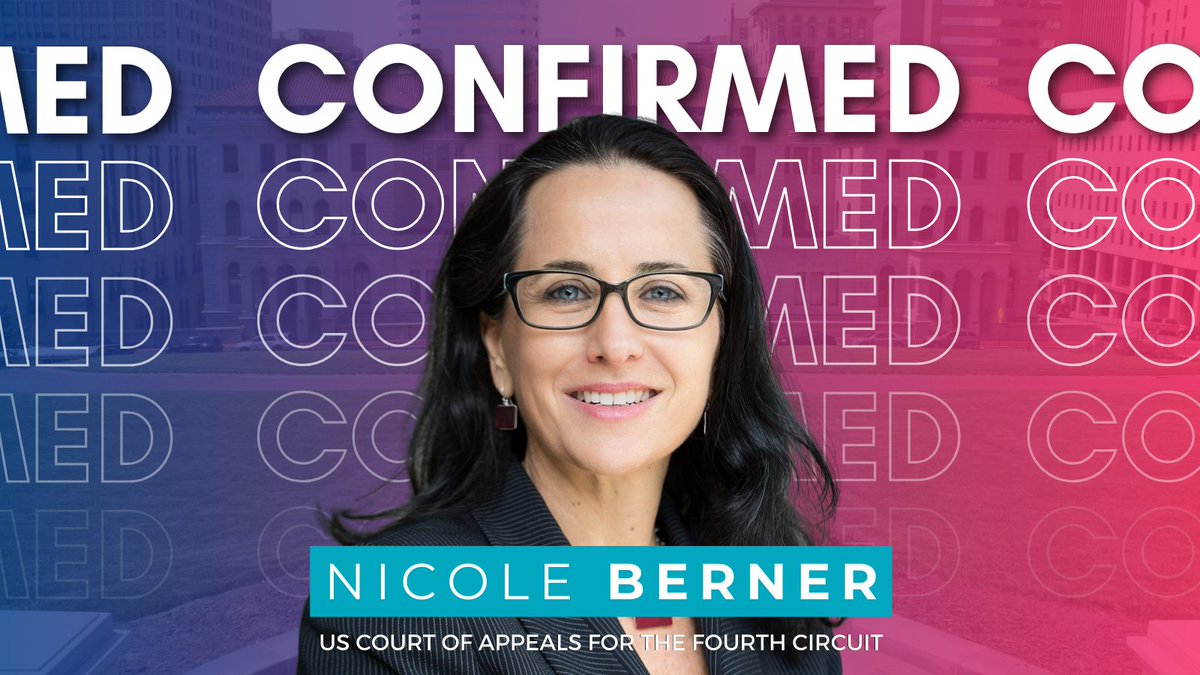 BREAKING: Nicole Berner has been CONFIRMED to the U.S. Court of Appeals for the Fourth Circuit. To achieve equal justice in America, we need fair-minded judges who will protect the rights of everyone! This confirmation is a critical step in the right direction. #ConfirmBerner