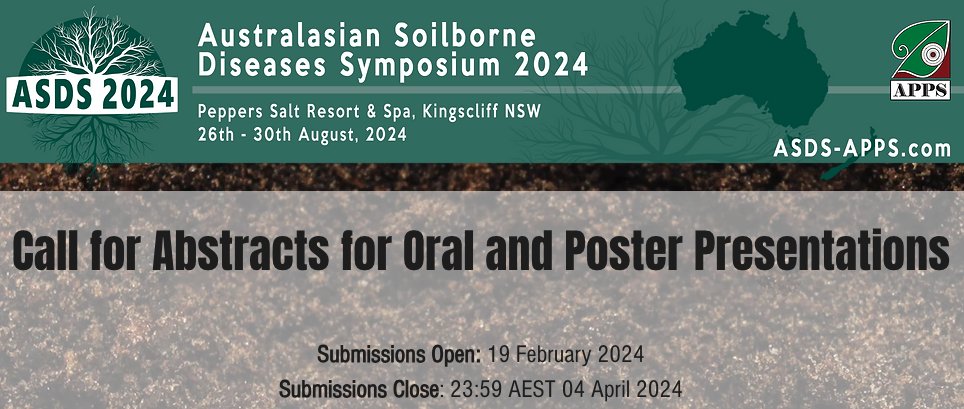 REMINDER: Abstract submissions are open for ASDS 2024 until Thursday 4th April! 
There are 12 abstract themes - check them out on the website or in our feed. For more info: asds-apps.com/abstracts
#ASDS2024 <a href="/soilborne_asds/">Australasian Soilborne Disease Symposium 2024</a>