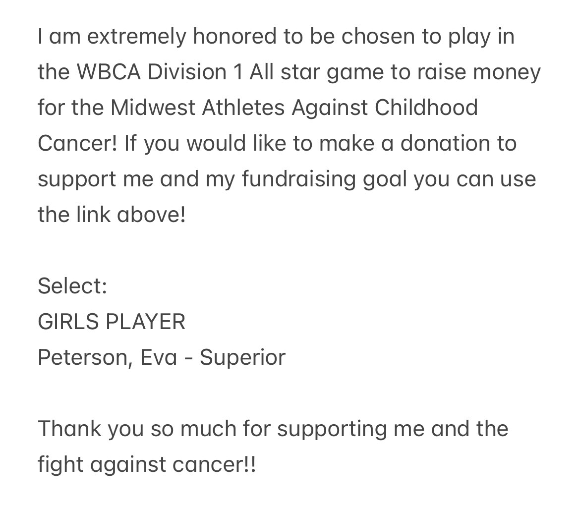 I am extremely excited to have been selected to play in the WBCA Division 1 All-Star game this year! The main purpose of this event is to raise funds to help fight against childhood cancer, if you would like to make a donation, the link is listed below! wisbca.org/allstar-game/d…