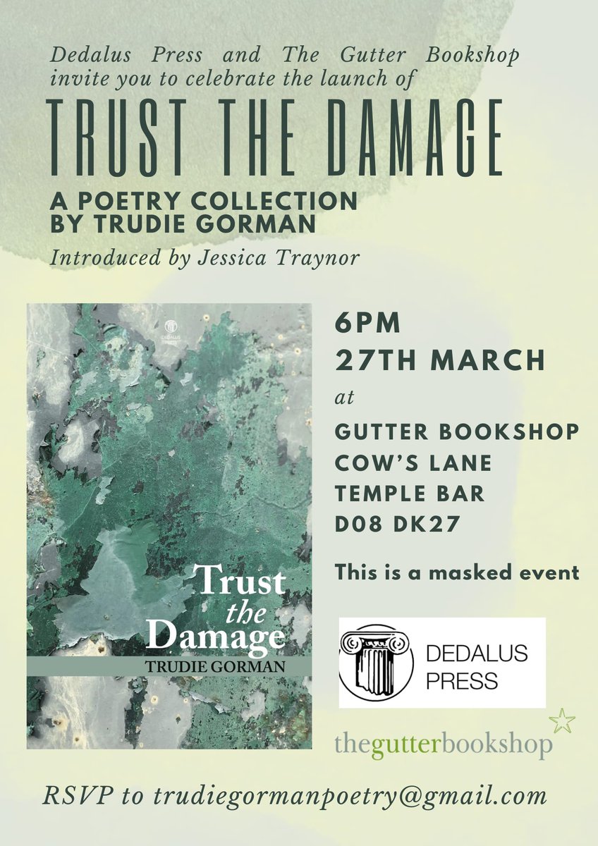 My book Trust the Damage is launching into the world next Wednesday the 27th of March at the <a href="/gutterbookshop/">Gutter Bookshop</a> . The wonderful @JessicaTraynor6 will be launching it and there will be cake.
Come along for some poems! 

<a href="/dedaluspress/">Dedalus Press</a> #irishpoetry #disabilityrights