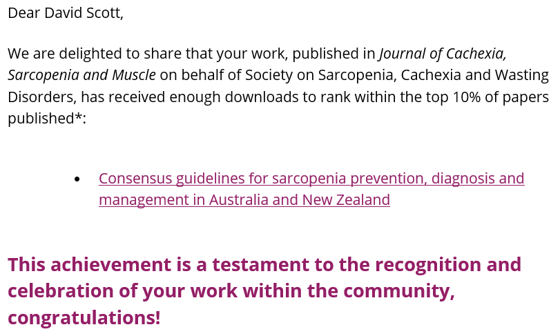 Our @ANZSSFR consensus guidelines on prevention, diagnosis and management of #sarcopenia are in the top 10% downloaded articles in @JCSM_cachexia for 2022. These are the first guidelines on sarcopenia informed by consumer and expert Delphi processes: onlinelibrary.wiley.com/doi/full/10.10…