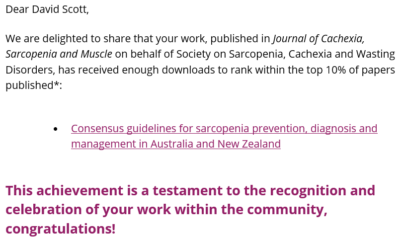 David Scott (@davidscottphd) on Twitter photo Our <a href="/ANZSSFR/">ANZSSFR</a> consensus guidelines on prevention, diagnosis and management of #sarcopenia are in the top 10% downloaded articles in <a href="/JCSM_cachexia/">Journal of Cachexia, Sarcopenia and Muscle</a> for 2022.
These are the first guidelines on sarcopenia informed by consumer and expert Delphi processes:
onlinelibrary.wiley.com/doi/full/10.10… Our <a href="/ANZSSFR/">ANZSSFR</a> consensus guidelines on prevention, diagnosis and management of #sarcopenia are in the top 10% downloaded articles in <a href="/JCSM_cachexia/">Journal of Cachexia, Sarcopenia and Muscle</a> for 2022.
These are the first guidelines on sarcopenia informed by consumer and expert Delphi processes:
onlinelibrary.wiley.com/doi/full/10.10…