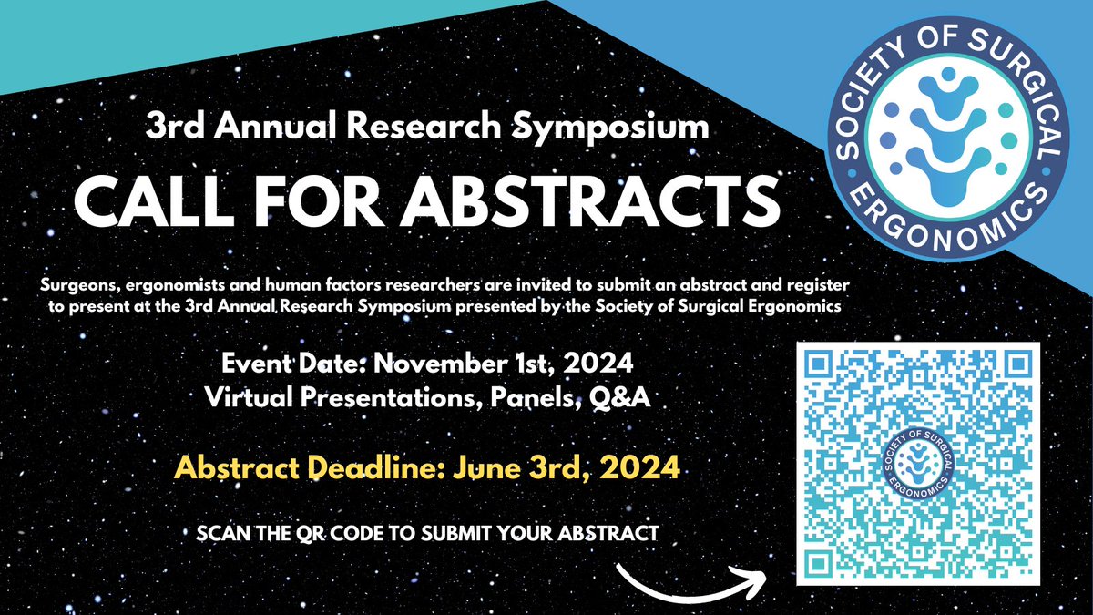 📢CALL FOR ABSTRACTS FOR SSE2024📢 The 3rd @SocSurgErgo Annual Research Symposium is now accepting abstracts. We have an incredible lineup of speakers & sessions that you won't want to miss 🗓️Submit abstracts by June 3rd, 2024! Submission portal 👉 tinyurl.com/52mps7rb