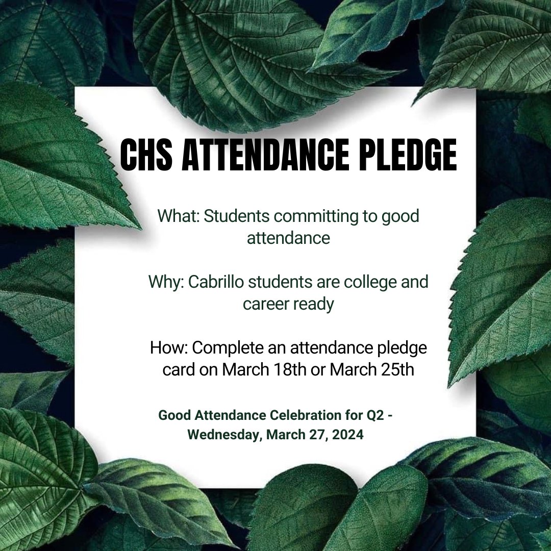 Success in the West means Every Period, Every Day.  Seal your commitment to attending school by taking the Cabrillo Attendance Pledge. Sign a pledge card in the quad at lunch on March 18th and March 25th! #successintheWEST #proudtobeLBUSD