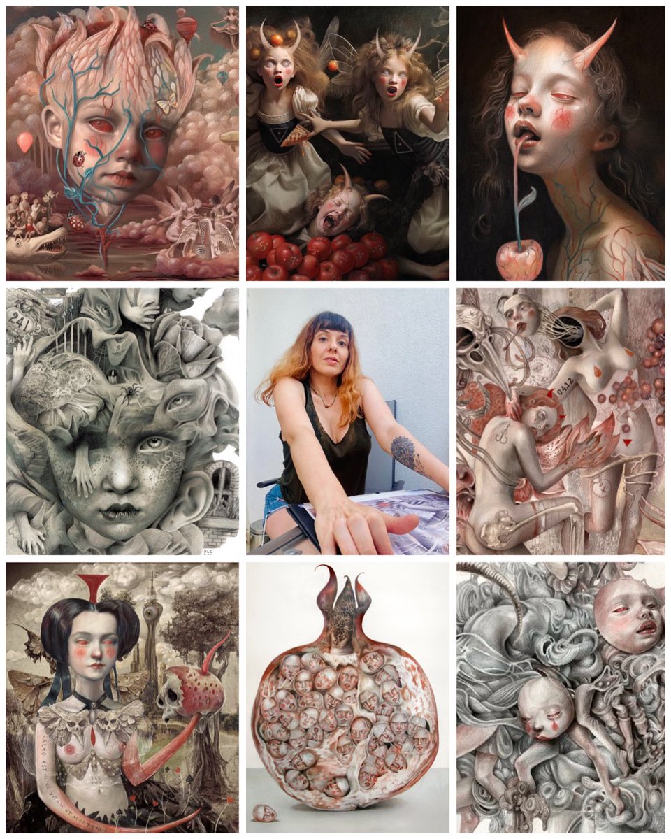 My Art&amp;Short Bio🩸
(a mini thread🪡) 

Born in Istanbul in an artist family, Dolce Paganne is a voodoo artist, exporting fairytales to nightmares. In the uncanny valleys of her surreal experiments where she researches the roots of "fear" she often escapes into the smooth