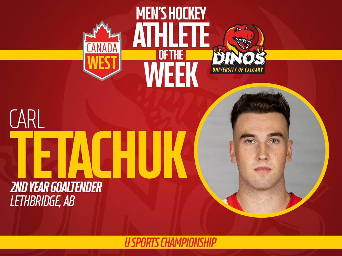 𝗠𝗛𝗞𝗬 𝗣𝗟𝗔𝗬𝗘𝗥 𝗢𝗙 𝗧𝗛𝗘 𝗪𝗘𝗘𝗞 🏒

Carl Tetachuk was dynamic for <a href="/DinosMHKY/">UCalgary Dinos Men's Hockey 🏒</a> on the national stage, surrendering just two goals in 84:31 while making 44 saves in a 2OT defeat to TMU in the U SPORTS quarter-finals.