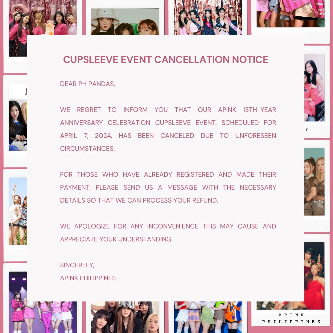 Apink_PH's tweet photo. #ApinkPH Cupsleeve Event
Cancellation Notice
A Decade Plus Three: 13 Years of Pink Memories Apink's 13th Anniversary Celebration
#Apink #ApinkPhilippines https://t.co/cv2S5k0HuM