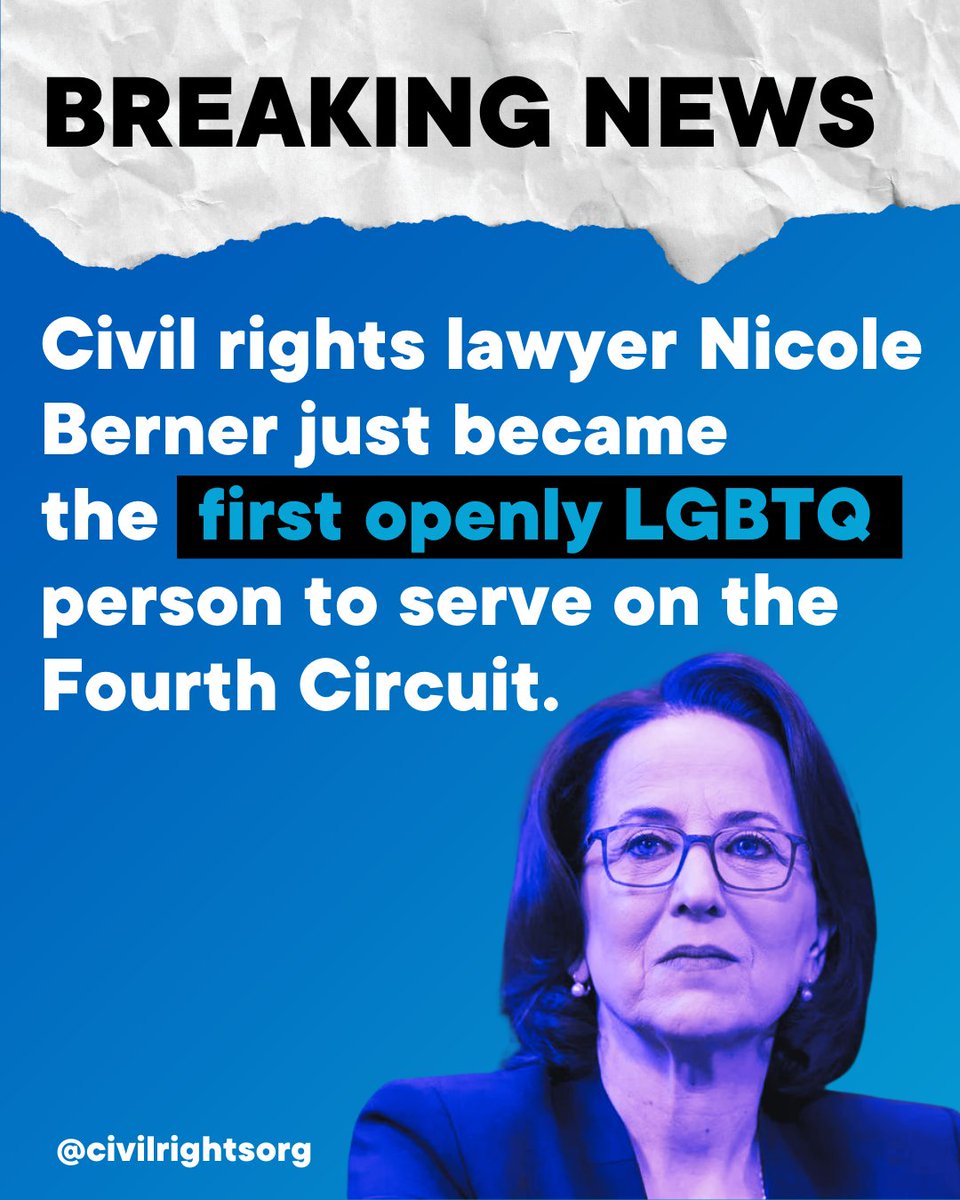 BREAKING: The Senate confirmed civil rights lawyer Nicole Berner to the 4th Circuit. She is committed to equal justice and becomes the first openly LGBTQ person ever confirmed to this court.

We thank @SenatorCardin and Senator @ChrisVanHollen for their leadership. #CourtsMatter