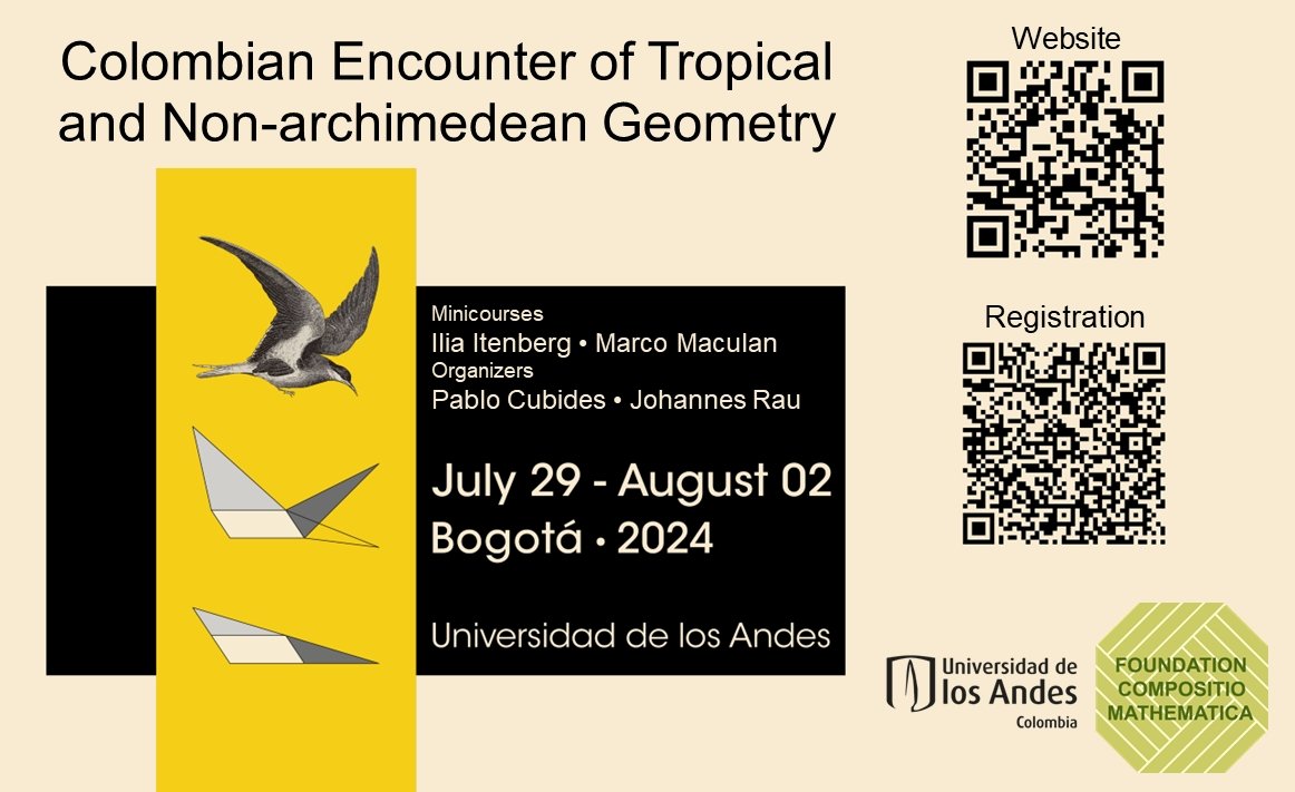 Caro_Benedetti's tweet photo. 🚨📢 Escuela en Geometría Tropical y No-arquimediana del 29 de juluo al 2 de agosto en Bogotá. Hay financiación para estudiantes. ¡Pasen la voz! https://t.co/bOm8JghmRE https://t.co/htOhPUN2p9