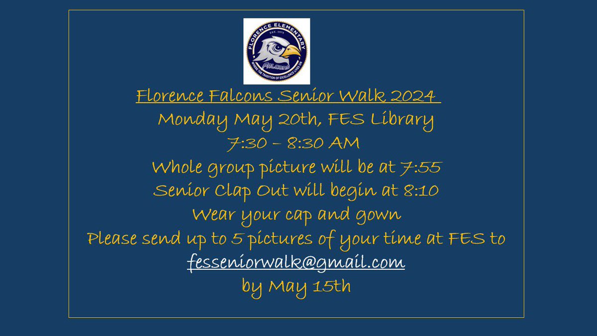We would love to see all of our former Florence Falcons for our class of 2024 Senior Walk! 🎓🎓<a href="/FESfalcons/">Florence Elementary</a> <a href="/KHSIndianNation/">Keller High School</a> <a href="/KellerISD/">Keller Schools</a>