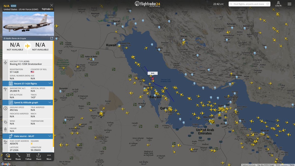 AIYeyENGDdJkjTr's tweet photo. Mar. 20, 2024
#Al-Udeid Air Base #Iraq
#NoCALLSIGN #AE0470 USAF KC-135R Stratotanker https://t.co/TwaBtz0Btf