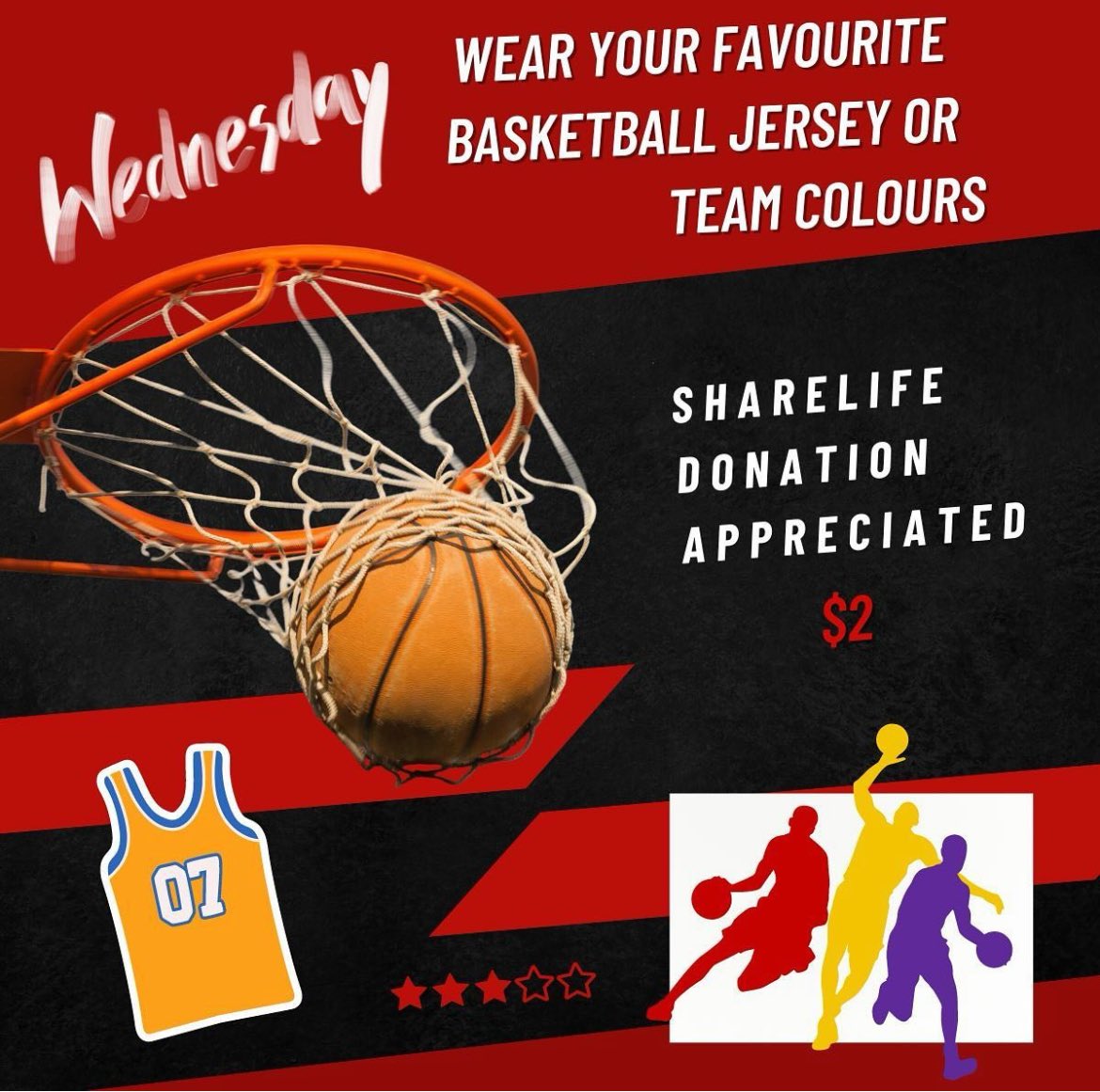 Wednesday is basketball jersey or favourite team colours day. Donations to ShareLife are appreciated. ⁦@archtoronto⁩ ⁦@YCDSB⁩