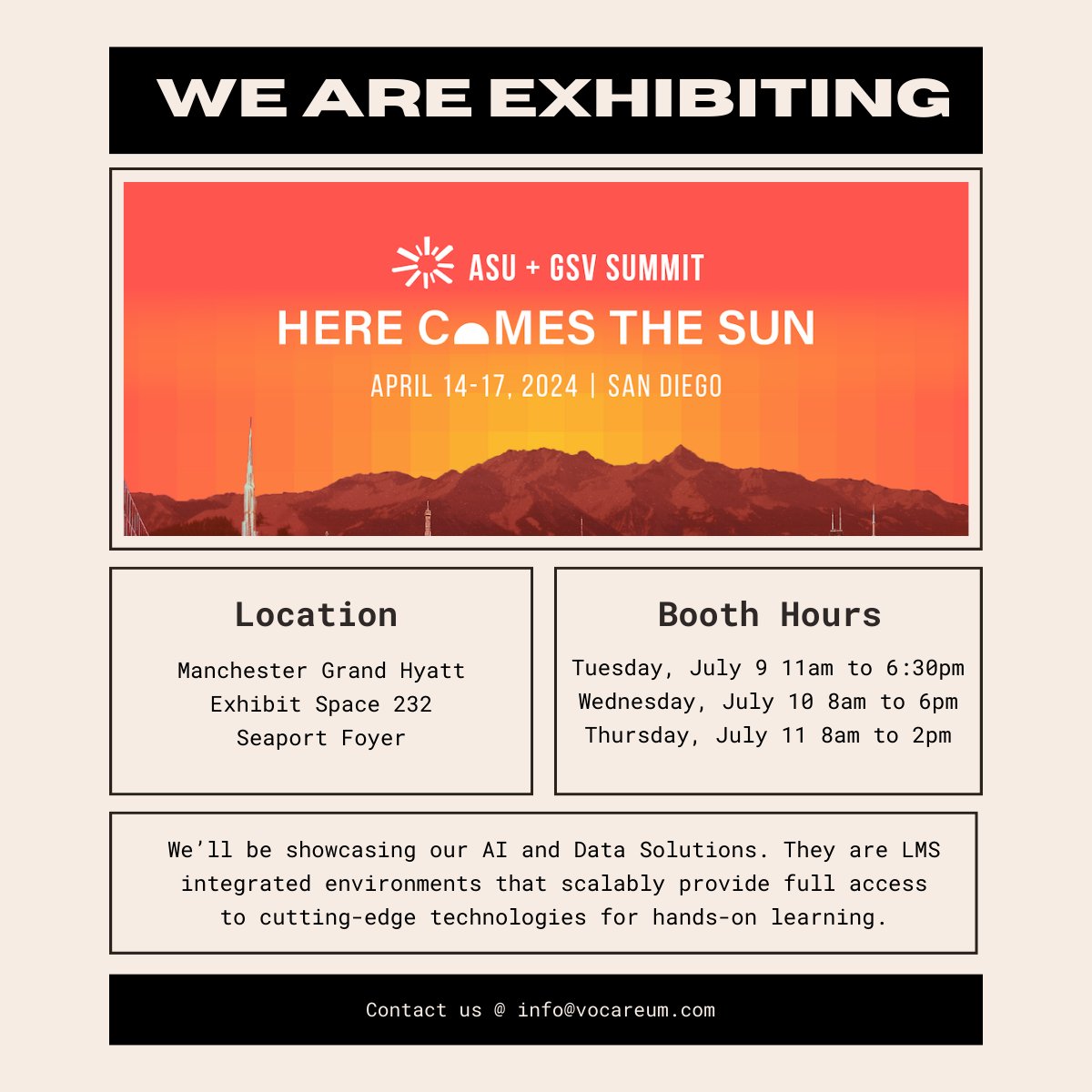 🌟ASU+GSV 2024 is less than a month away! Make sure to stop by our booth and check out our AI and Data solutions. We are looking forward to seeing everyone in sunny San Diego!☀️

#asugsvsummit #vocareum #handsonlearning #artificialintelligence