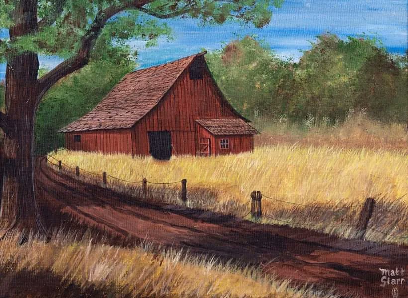 This is my acrylic painting of a red barn along a country road.   redbubble.com/shop/ap/325624… #mattstarrfineart #artistic #paintings #artforsale #artist #myart #dailyart #art #redbarn #barn #barns #country #farm #farmer #ranch #rancher #agriculture #rural #crops #wheat