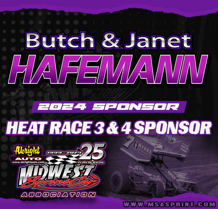 2024 Sponsor Announcement 
Akright Auto MSA Sprints would like to welcome Butch and Janet Hafemann again for the 2024 season as a sponsor for Heat races 3 and 4. Butch and Janet are great supporters of the MSA shows and program as well as helping up in the pits and events.