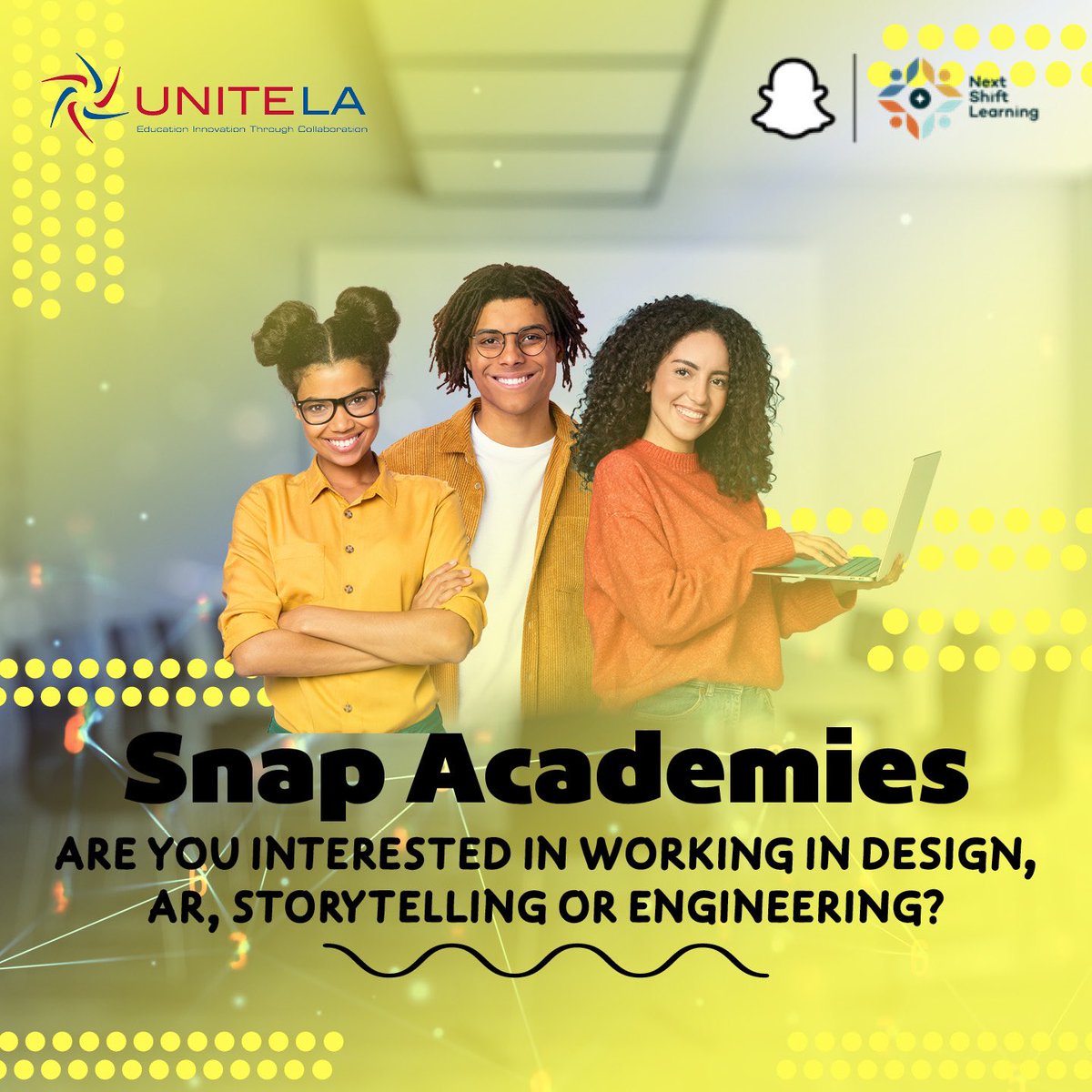 (1/2) Hey college students! Are you looking to strengthen your skills in storytelling, augmented reality, engineering or design? Snap Academies has what you are looking for! During this hands-on, nine-week program, each student will experience custom, creative workshops & more!