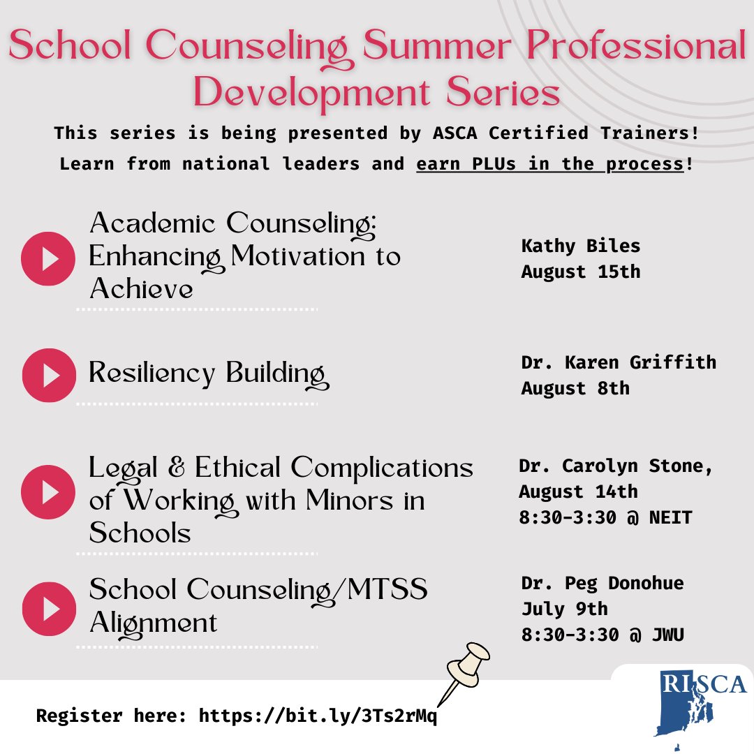 ☀️School Counseling Summer Professional Development Series

This series is being presented by ASCA Certified Trainers! Learn from national leaders and earn PLUs in the process!

Visit the link below to register 👇👇👇

🌐 bit.ly/3Ts2rMq