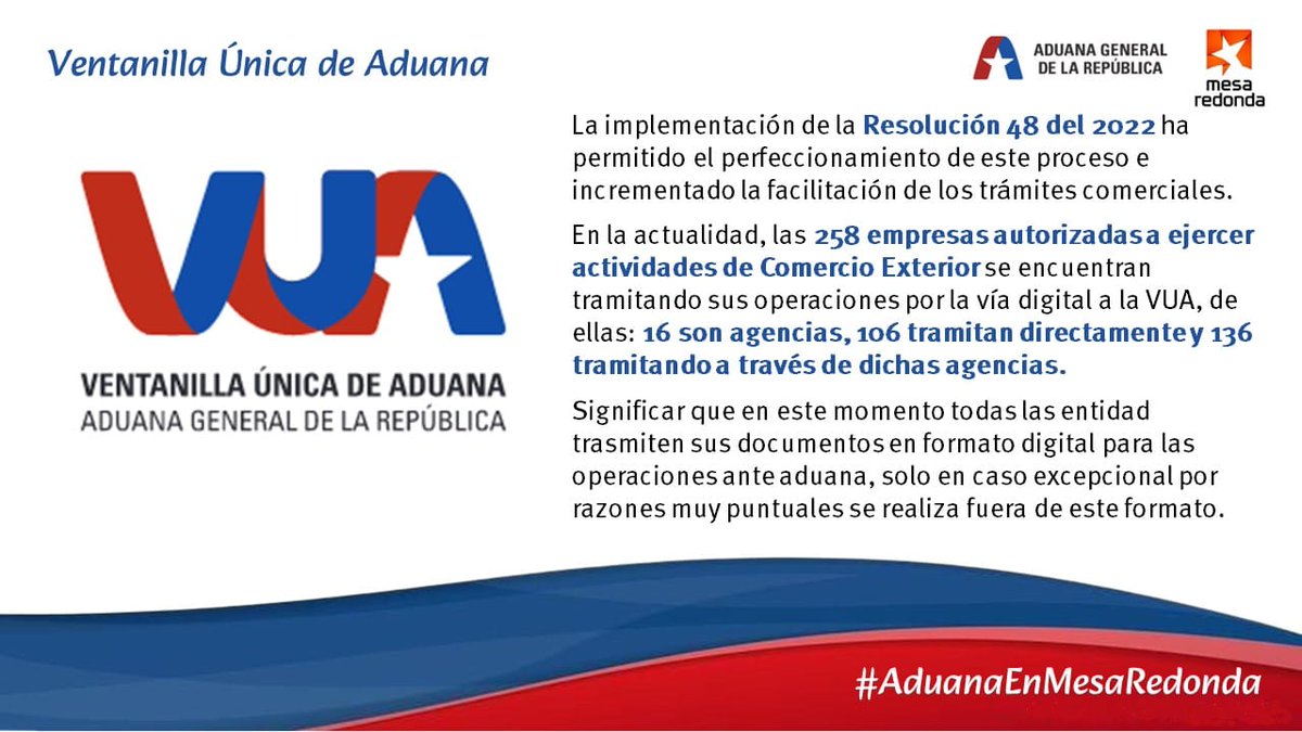 #AduanaEnMesaRedonda|Ventanilla Única de Aduana
La implementación de la Resolución 48 del 2022 ha permitido el perfeccionamiento de este proceso e incrementado la facilitación de los trámites comerciales.
.
.
.
#61AduanaSocialista
#OrgullosamenteAduaneros
#AduanadeCuba