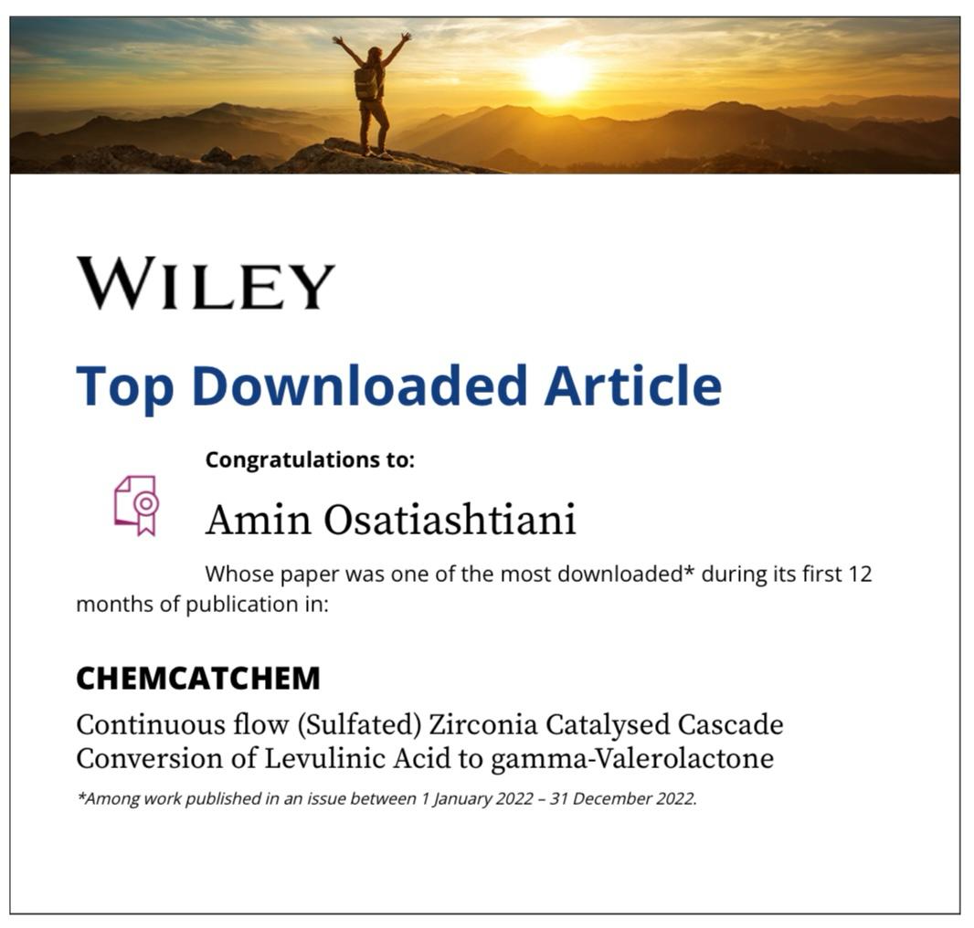 Thrilled to know that our paper on Continuous flow Sulfated Zirconia Catalysed Conversion of Levulinic Acid to GVL is one of the most downloaded articles in @ChemCatChem! Huge thanks to my co-authors @MagicLuke7 @KWilson1971  @ProfAdamFLee @SamanthaOrr17 for their collaboration.