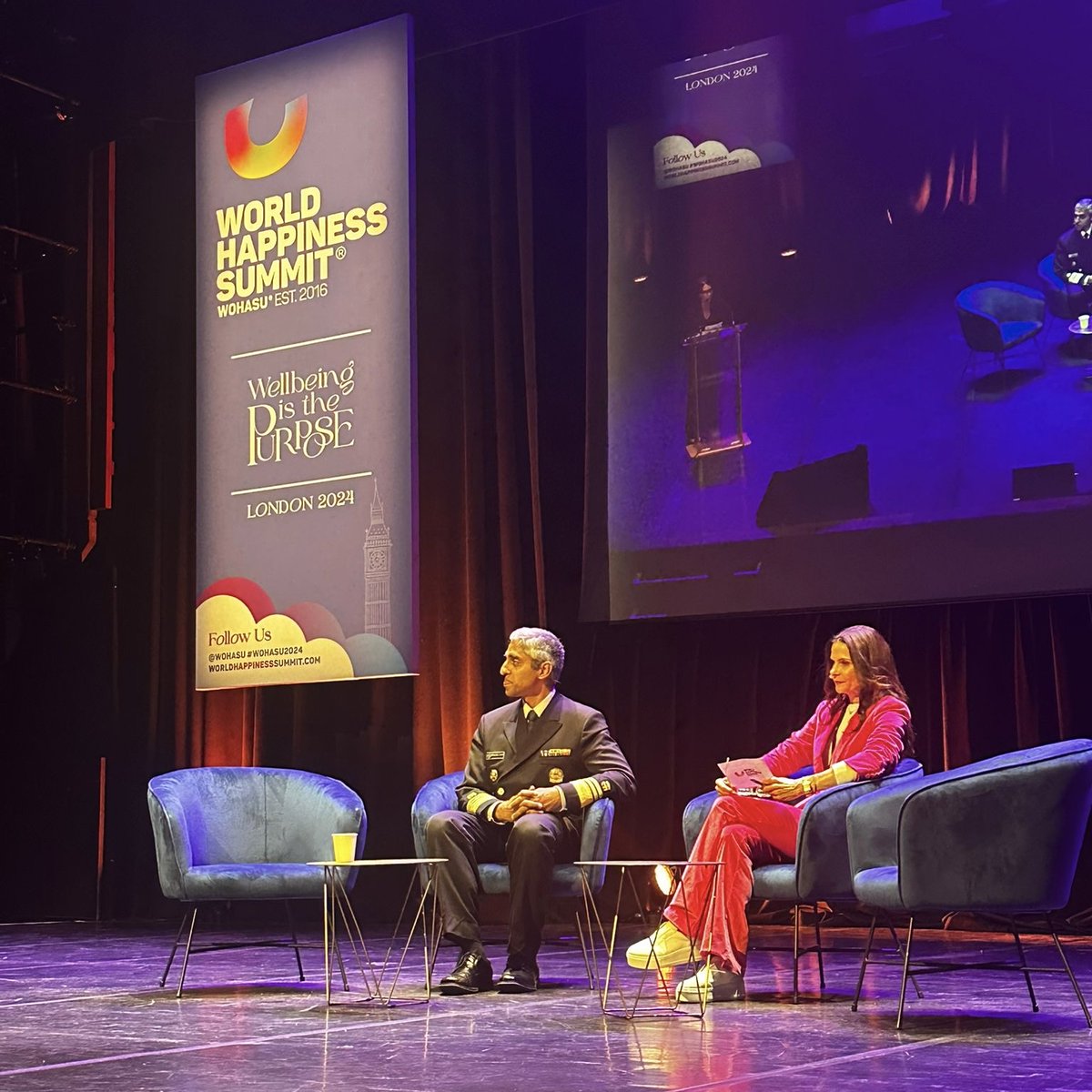 Surgeon_General's tweet photo. I was honored to join @wohasu founder and CEO @karenguggenheim, a pioneer in promoting evidence-based approaches to increasing happiness. We discussed how we can address the global crisis of loneliness and be happier, healthier, and more fulfilled. #WOHASU2024 https://t.co/7g1MX3dqY0