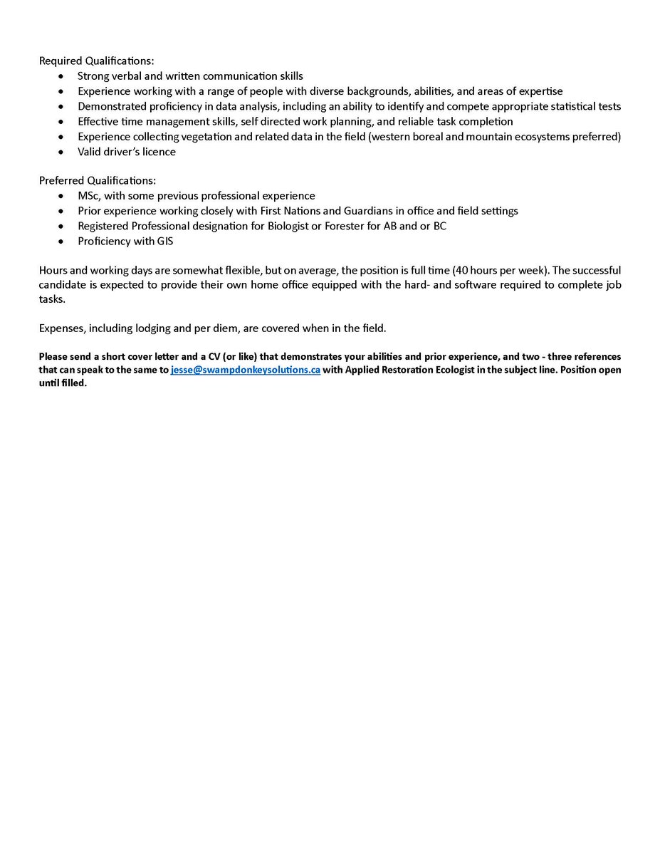 SwampDonkey is hiring an Applied Restoration Ecologist! Apply or feel free to R/T. Begins w 2 great tasks - devel. & delivery of protocols to evaluate resto outcomes on seismic lines & recovery of bush after fire in NE #BC. Close collab w a First Nation partner & #Guardians.