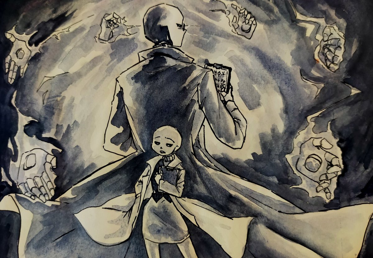 Underwent04's tweet photo. Tengo algunos dibujos antiguos que hice en mi libreta y se me ocurriรณ publicarlos 0w0. Si os gusta este estilo tengo unos cuantos mรกs. La verdad hecho de menos mis acuarelas TnT. #gaster #sans #undertale #clasicsans #acuarelas #art #gasterundertale https://t.co/cF8NK2oswa