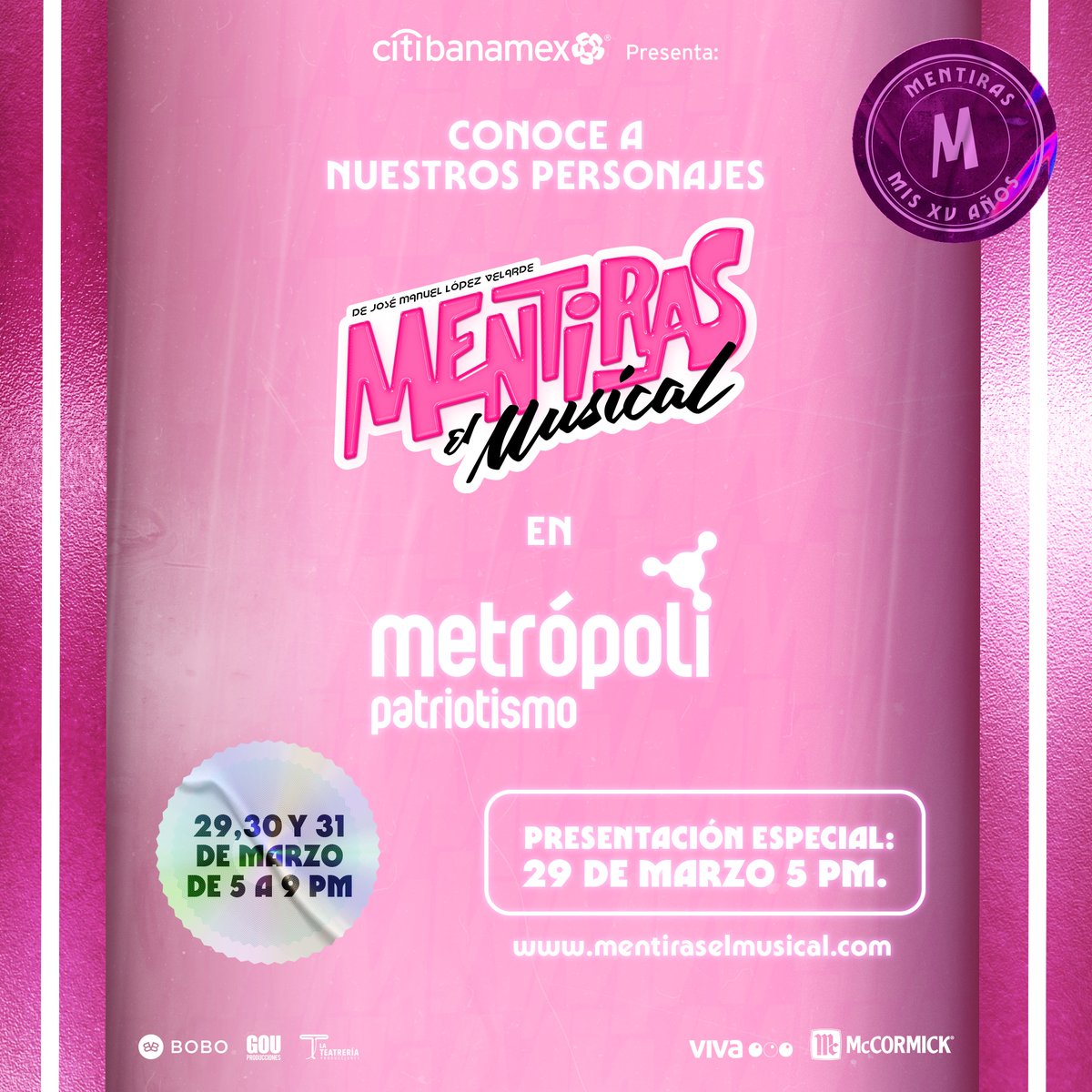 ¡Próxima parada del Grand Marquis! Este 29, 30 y 31 de marzo llegamos hasta <a href="/metropolipatrio/">MetrópoliPatriotismo</a>. 💖🎉

Sigamos festejando estos #XVAños de #MentirasElMusical. Merch, descuentos, fotos. 🎶📸🤳🏼

#MentirasVaATodasPartes.🚘