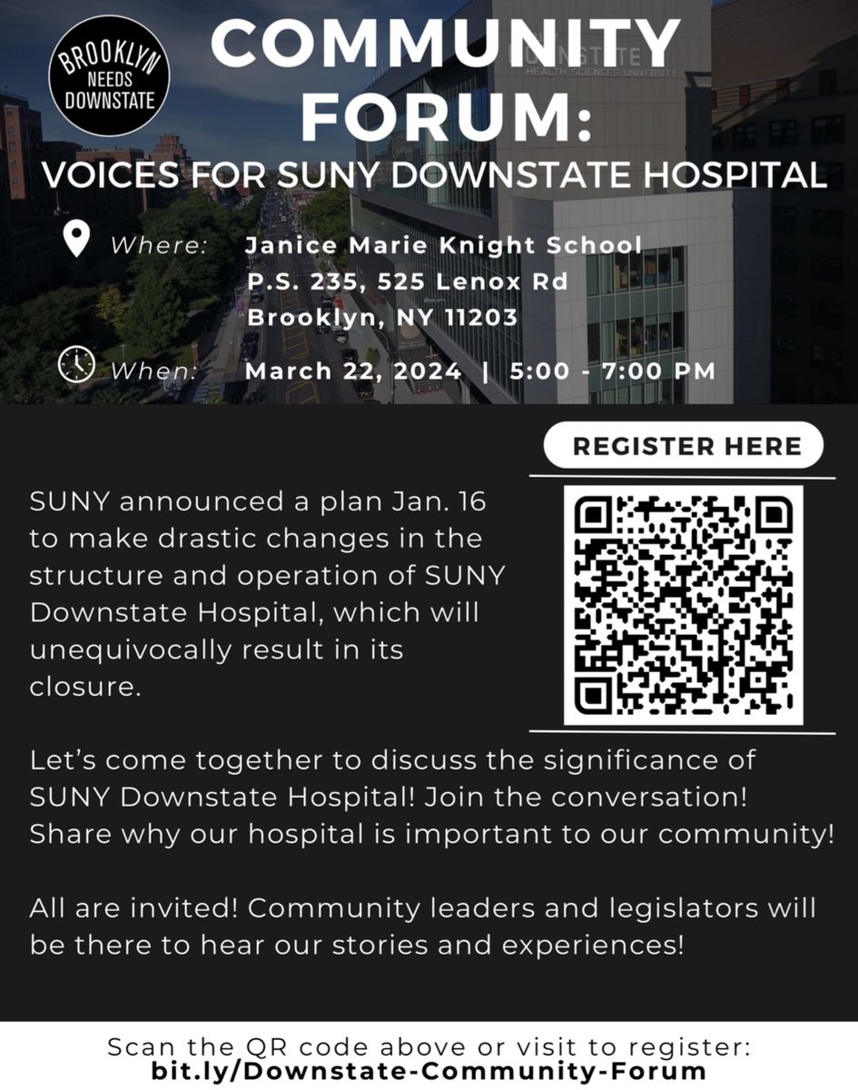 uupinfo's tweet image. UUP will be joining the Community Forum happening this Friday at 5 pm at Janice Marie Knight School. Join community members to make your voice heard and share why SUNY Downstate Hospital is important to you!

Register: bit.ly/Downstate-Comm…