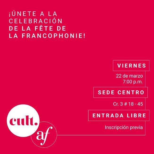 ¡Únete a la celebración de la Fête de la #Francophonie! 🪩💃🏽🕺🏿Una experiencia visual y sonora, en donde la música electrónica y las influencias étnicas se fusionan en una noche inolvidable.

🗓️Marzo 22 – 7 pm
Entra libre ➡️ cutt.ly/Sw2FCQbp

#FrancofoníaEnColombia
