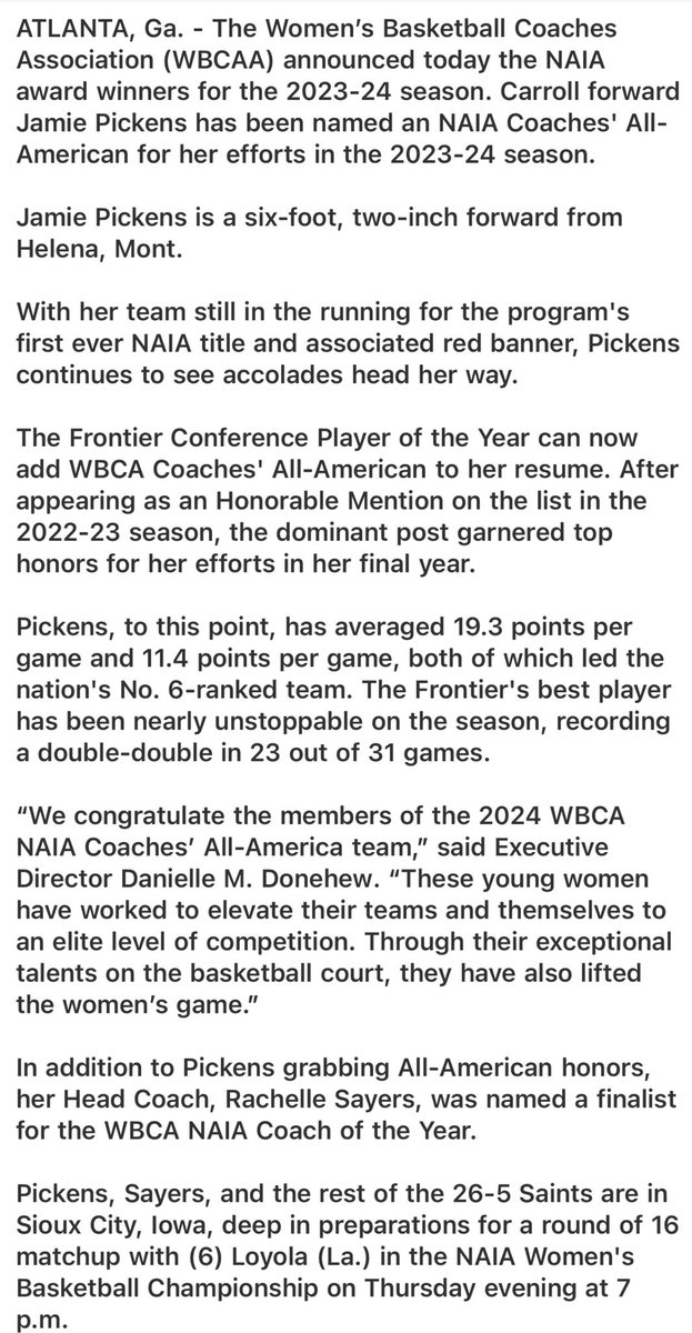 .<a href="/CCSaintsWBB/">Carroll College Women's Basketball</a>’s Jamie Pickens was tabbed a WBCA NAIA All-American

Saints HC Rachelle Sayers was named a finalist for the WBCA NAIA Coach of the Year, won by Campbellsville’s Ginger Colvin

Western’s Jordan Sweeney and Providence’s Ashlee Maldonado earned HM All-America honors