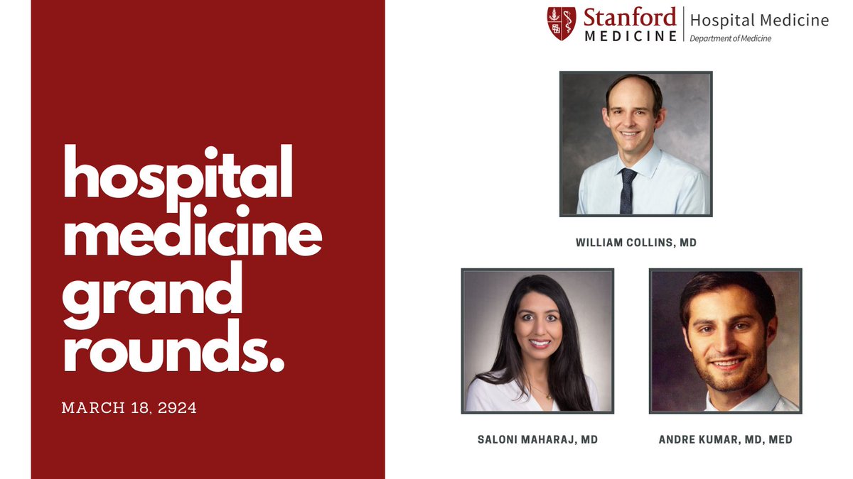 Stanford Division of Hospital Medicine (@stanfordhospmed) on Twitter photo Thank you Drs. <a href="/salonikumarmd/">Saloni Kumar Maharaj</a> <a href="/WillCollMD/">Will Collins</a> & Andre Kumar for joining Hospital Medicine Grand Rounds yesterday! A wonderful faculty development presentation on opportunities in local and national committee work. <a href="/Neera_Ahuja/">Neera Ahuja</a> Thank you Drs. <a href="/salonikumarmd/">Saloni Kumar Maharaj</a> <a href="/WillCollMD/">Will Collins</a> & Andre Kumar for joining Hospital Medicine Grand Rounds yesterday! A wonderful faculty development presentation on opportunities in local and national committee work. <a href="/Neera_Ahuja/">Neera Ahuja</a>