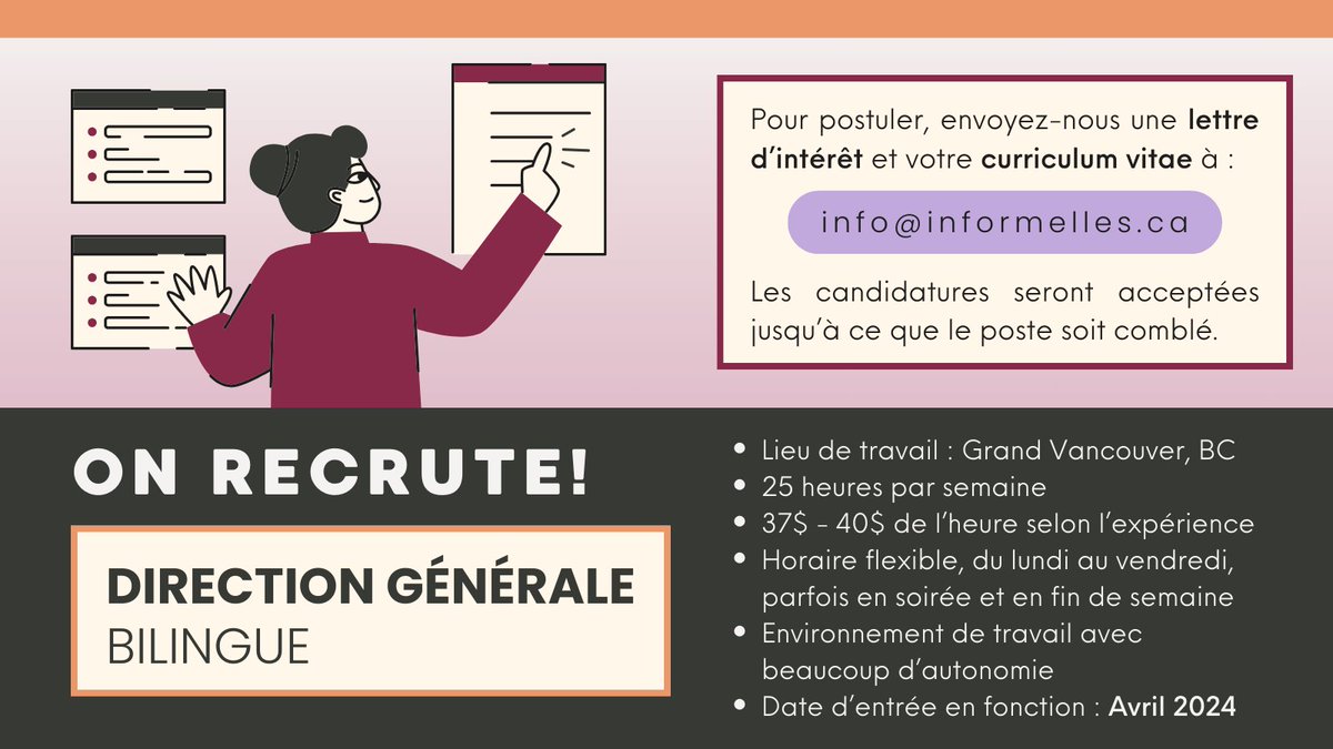 Inform'Elles recrute! 👀 Notre organisme est à la recherche d'une direction générale, bilingue. 

Pour postuler, envoyez-nous votre CV et votre lettre de motivation au info@informelles.ca 🧡 

Pour plus d'information sur le rôle, visitez notre site web : informelles.ca/informelles-re…