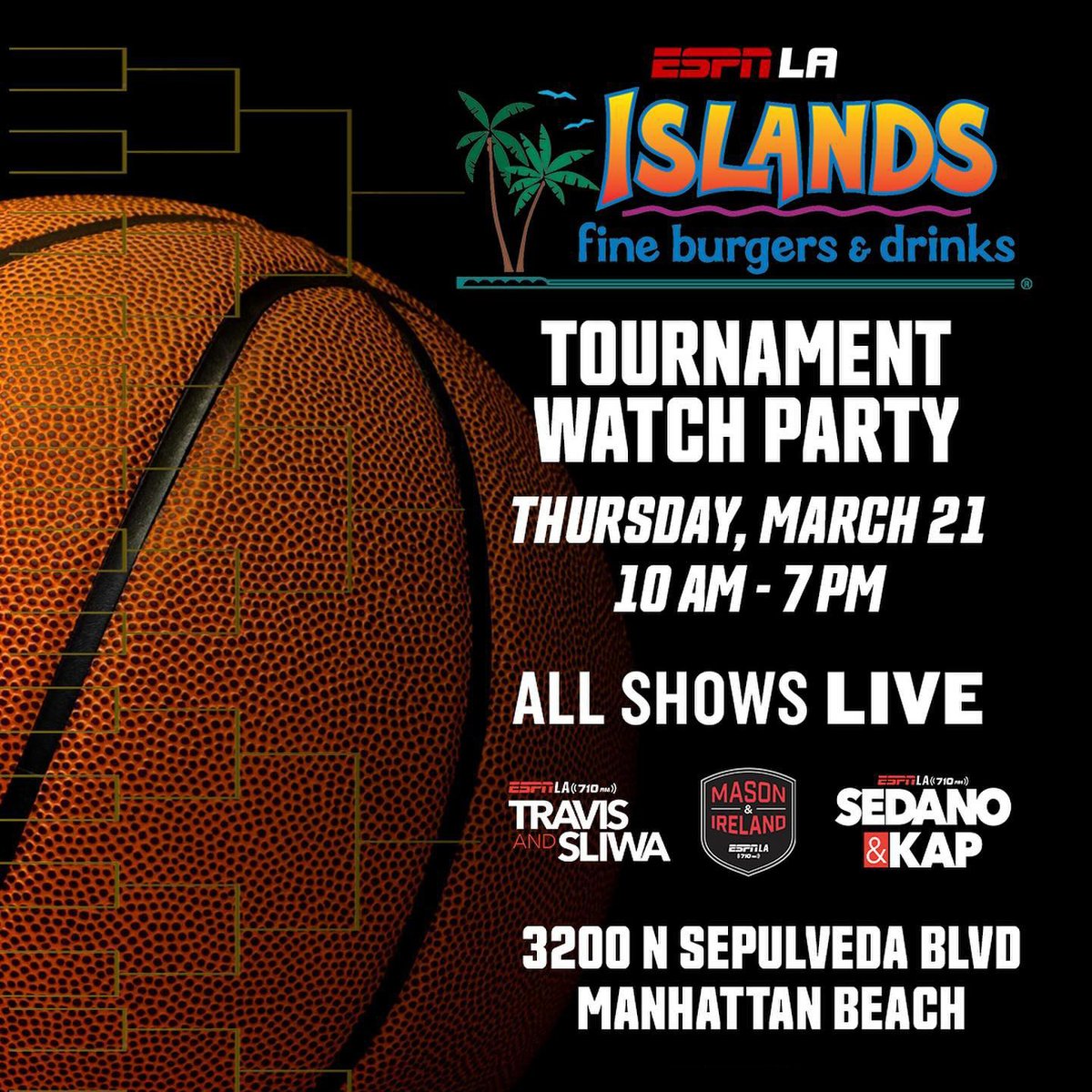 Skip the office and join us at Islands in Manhattan Beach this Thursday! Meet the guys from @espnlosangeles, chat sports, and score some awesome swag to kick off March Madness!🏀

#MarchMadness #IslandsManhattanBeach #IslandsBurgers