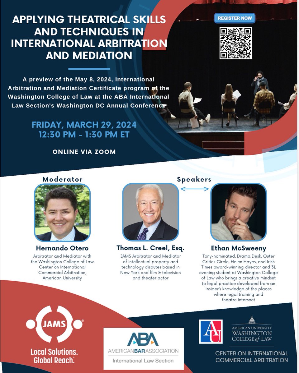 Join us on March 29 for an insightful event where we explore how to apply theatrical skills and techniques in international arbitration and mediation. 

⏰ 12:30 - 1:30pm

📍ONLINE VÍA ZOOM

auwcl.zoom.us/meeting/regist…